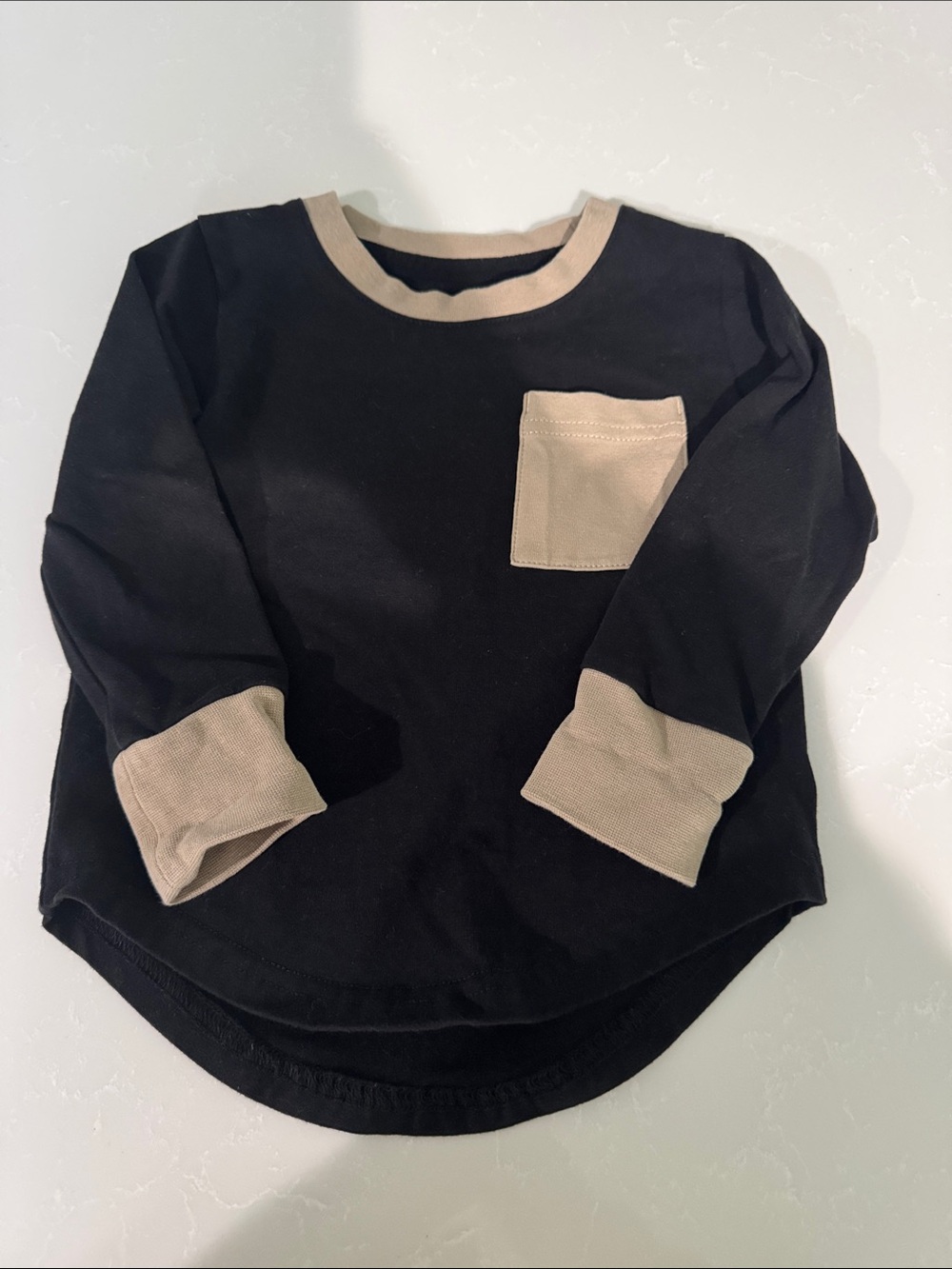 Kids Long Sleeve Contrast Pocket Tee - Black and Tan